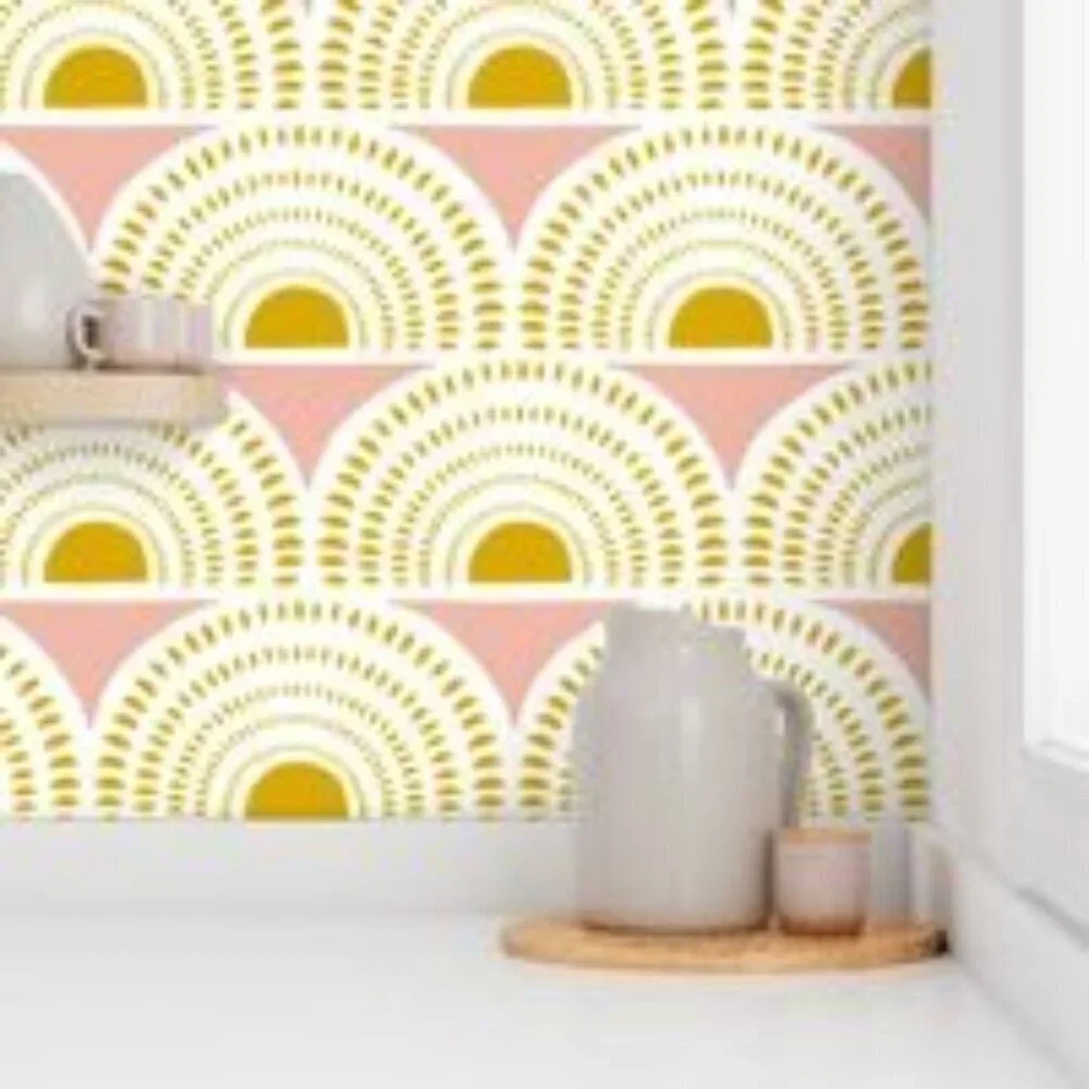 Spoonflower Prepasted Removable Smooth Wallpaper Aurora- Blush and Goldenrod Geo